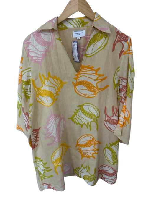 Elizabeth James the Label Size S Tan & Green Linen Long Sleeve Seashells Dress Tan & Green / S