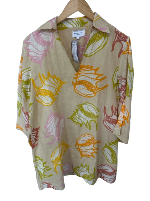 Elizabeth James the Label Size S Tan & Green Linen Long Sleeve Seashells Dress Tan & Green / S
