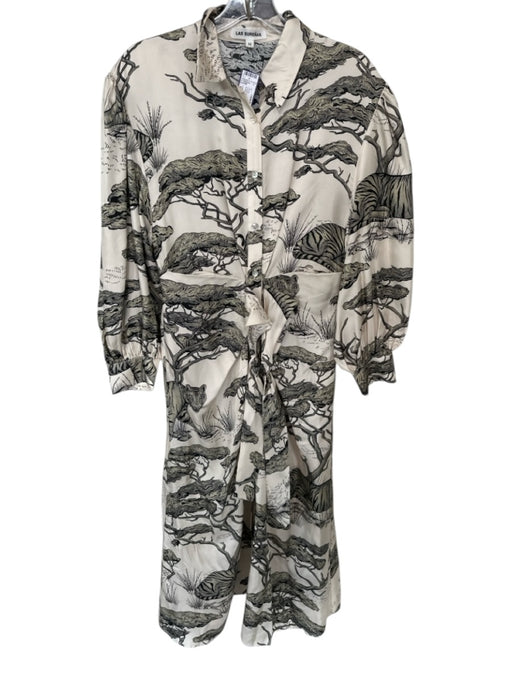 Las Surenas Size M Cream & Taupe Silk Long Sleeve Trees Button Down Maxi Dress Cream & Taupe / M