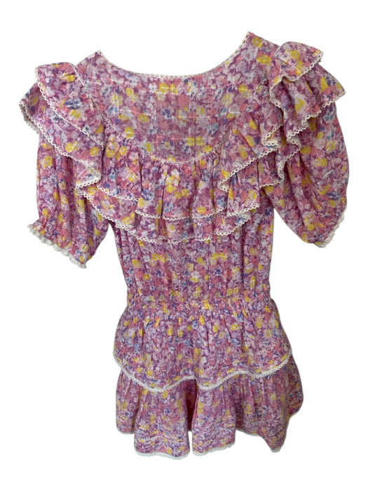 Loveshackfancy Size XS Purple & Yellow Cotton Short Balloon Sleeve Flowers Dress Purple & Yellow / XS