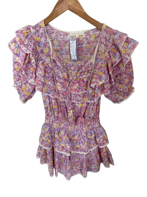 Loveshackfancy Size XS Purple & Yellow Cotton Short Balloon Sleeve Flowers Dress Purple & Yellow / XS
