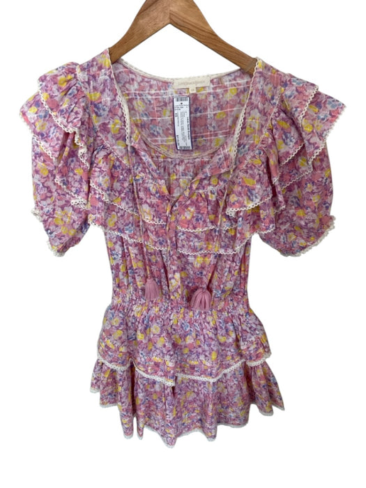 Loveshackfancy Size XS Purple & Yellow Cotton Short Balloon Sleeve Flowers Dress Purple & Yellow / XS