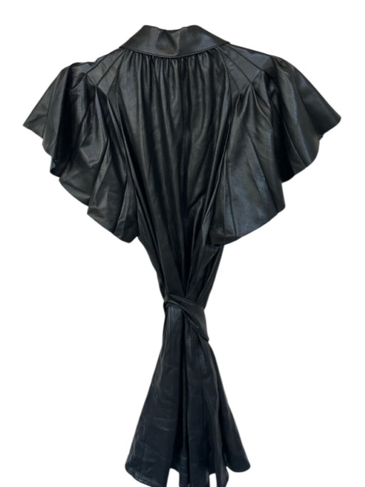 Alice & Olivia Size 6 Black Vegan Leather Short Sleeve Collar Button Down Dress Black / 6
