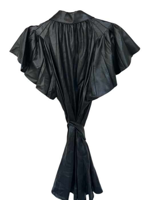 Alice & Olivia Size 6 Black Vegan Leather Short Sleeve Collar Button Down Dress Black / 6