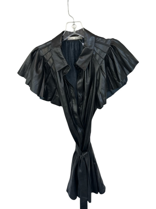 Alice & Olivia Size 6 Black Vegan Leather Short Sleeve Collar Button Down Dress Black / 6