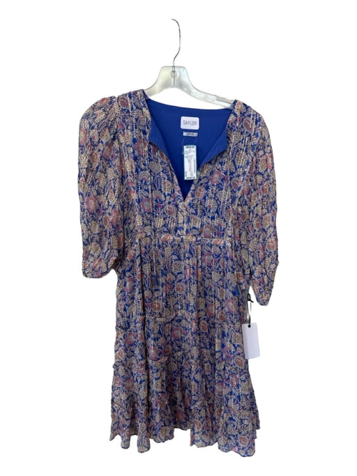 Saylor Size M Blue & Pink Viscose Short Balloon Sleeve Metallic Floral Dress Blue & Pink / M