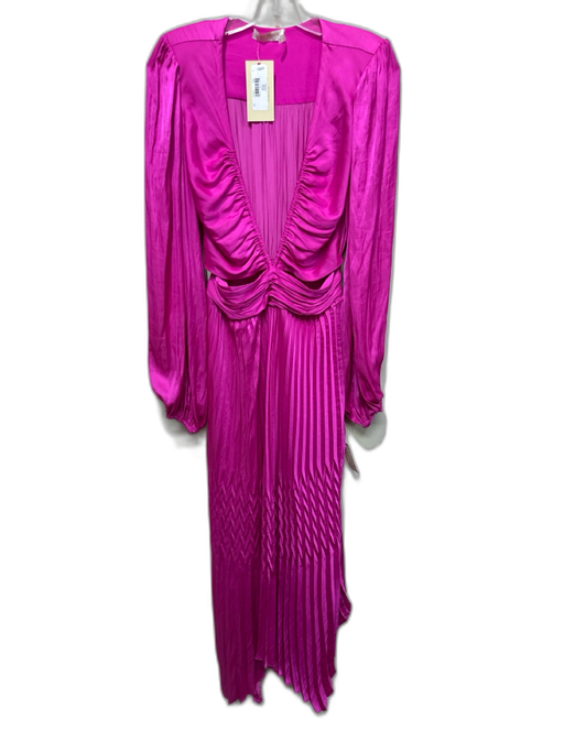 Ramy Brook Size S Fuschia Pink Polyester Long puff sleeve V Neck Pleats Dress Fuschia Pink / S
