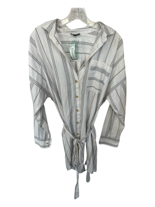 ATM Size L White & Gray Cotton Long Sleeve Striped Button Down Belted Dress White & Gray / L