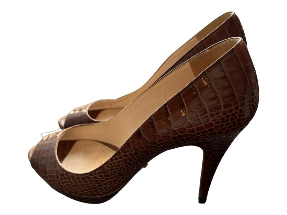 Prada Shoe Size 36.5 Brown Reptile Peep Toe Stiletto Platform Pumps Brown / 36.5