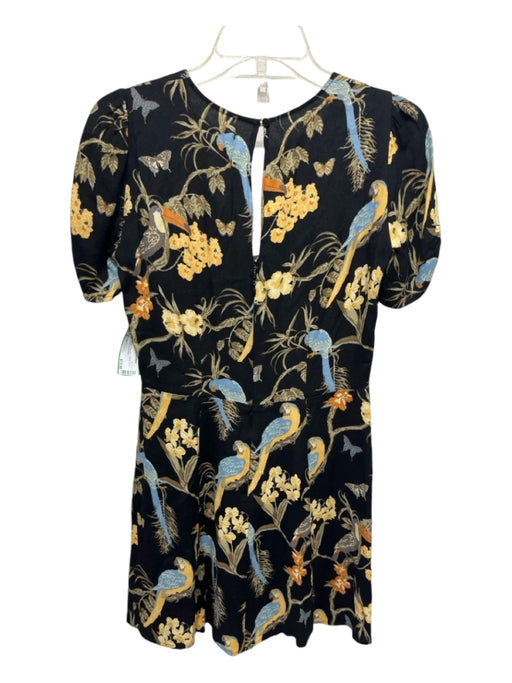 Reformation Size 4 Black & Yellow Viscose V Back Short Sleeve Floral Dress Black & Yellow / 4