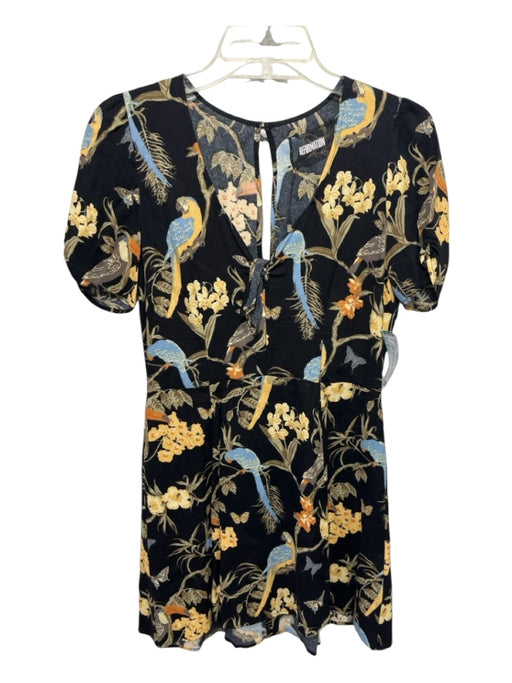 Reformation Size 4 Black & Yellow Viscose V Back Short Sleeve Floral Dress Black & Yellow / 4