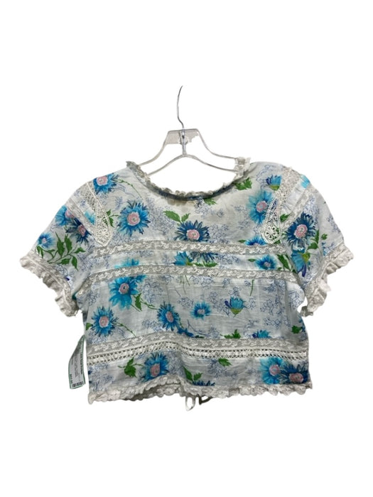 Love Shack Fancy Size XS White & Blue Print Cotton Floating Beads Cropped Top White & Blue Print / XS