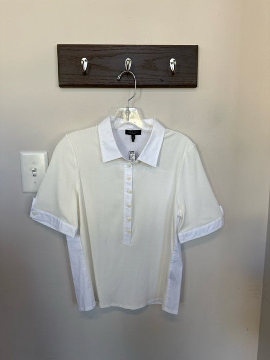 Rag & Bone Size L White Cotton & Modal Short Balloon Sleeve Ribbed Buttons Top
