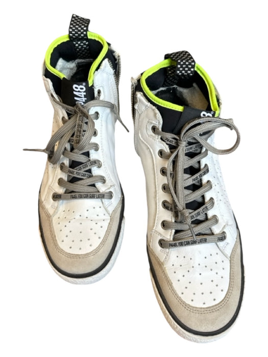 P448 Shoe Size 39 White & Lime Green Print Leather High Top lace up Sneakers White & Lime Green Print / 39