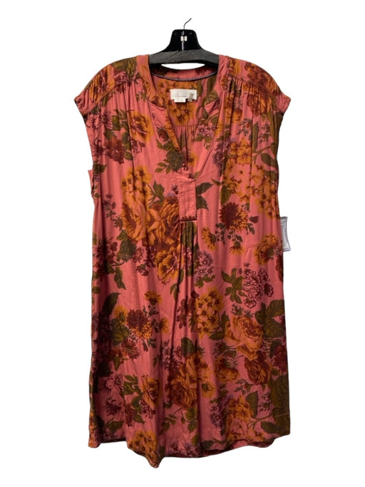 Anthropologie Size XS Pink, Orange, Green Viscose V Neck Floral Midi Dress Pink, Orange, Green / XS