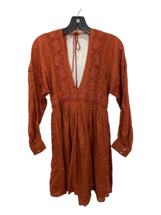 Free People Size S Brown Cotton Swiss Dots Lace Detail Long Sleeve Shift Dress Brown / S