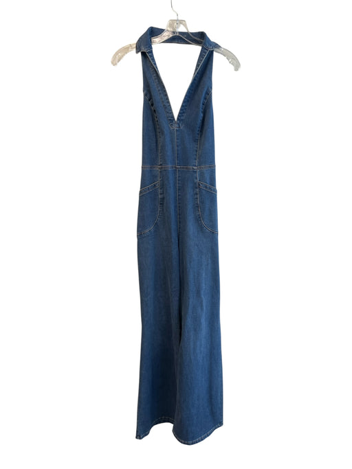 We The Free Size M Medium Wash Cotton Blend Denim Halter Back Zip Overalls Medium Wash / M