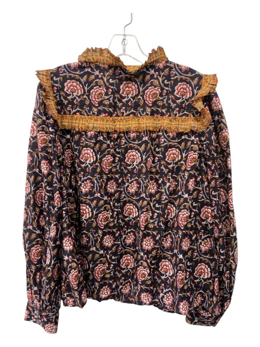 Othilia Size L Navy, Red, Brown Cotton Floral Ruffle Detail Long Sleeve Top Navy, Red, Brown / L