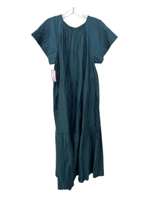 Mirth Size M Teal Cotton & Silk Short Sleeve Elastic Neck Tiered Midi Dress Teal / M