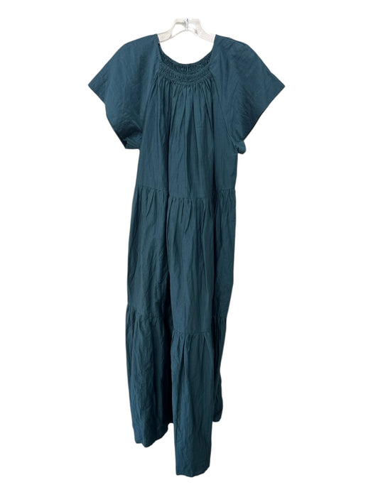 Mirth Size M Teal Cotton & Silk Short Sleeve Elastic Neck Tiered Midi Dress Teal / M