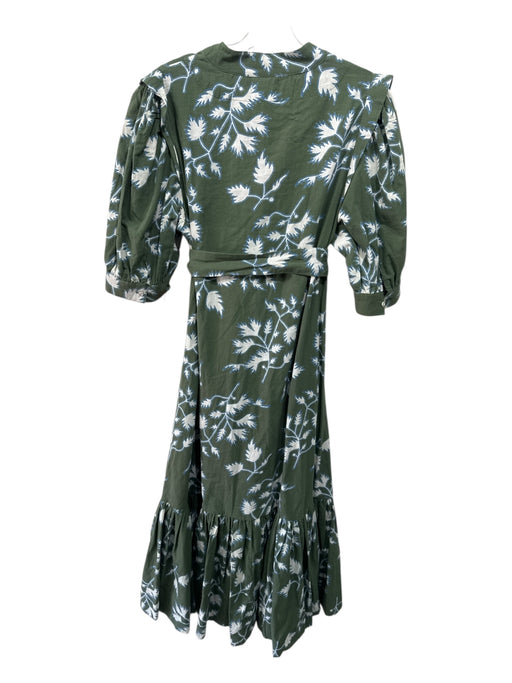 Mirth Size L Green, White & Blue Short Puff Sleeve Floral Button Neck Dress Green, White & Blue / L