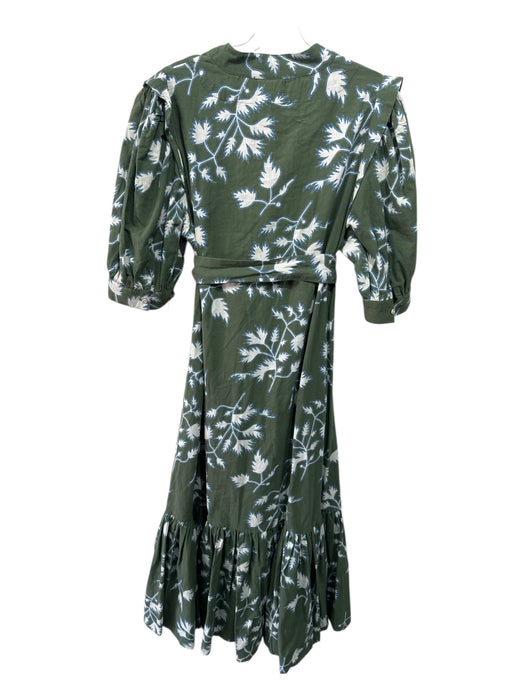 Mirth Size L Green, White & Blue Short Puff Sleeve Floral Button Neck Dress Green, White & Blue / L
