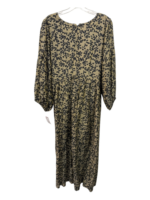 Mirth Size L Olive Taupe & Black Cotton & Silk 3/4 Balloon Sleeve Pockets Dress Olive Taupe & Black / L