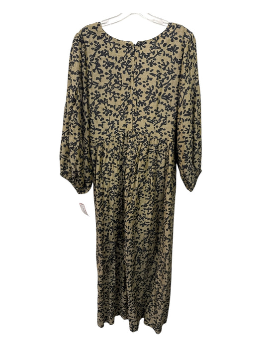 Mirth Size L Olive Taupe & Black Cotton & Silk 3/4 Balloon Sleeve Pockets Dress Olive Taupe & Black / L