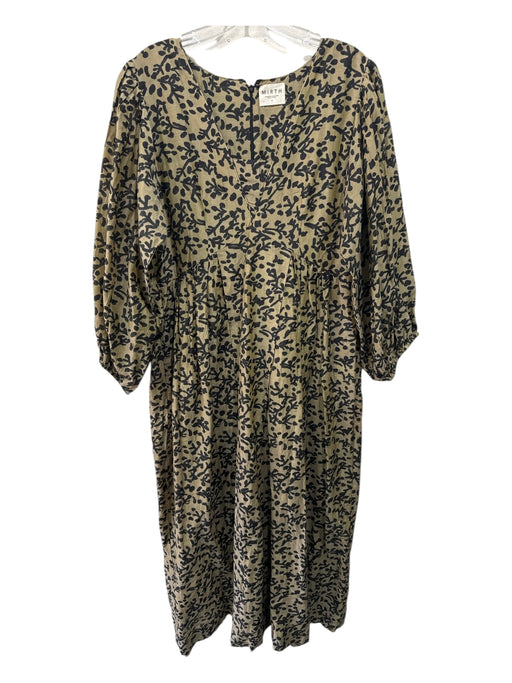 Mirth Size L Olive Taupe & Black Cotton & Silk 3/4 Balloon Sleeve Pockets Dress Olive Taupe & Black / L