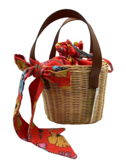 Anthropologie Tan, Brown & Orange Straw Leather Handle Floral Drawstring Bag Tan, Brown & Orange / Small