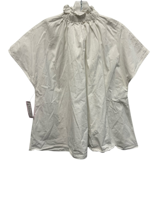 Ann Mashburn Size L White Cotton Cap Sleeve Ruffle mock neck Buttons Blouse Top White / L