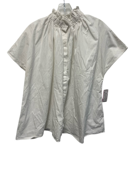 Ann Mashburn Size L White Cotton Cap Sleeve Ruffle mock neck Buttons Blouse Top White / L
