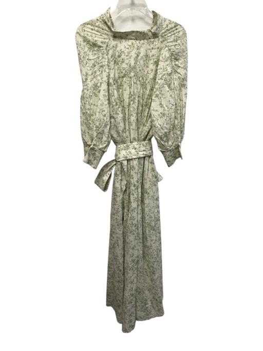 Parterre Size S Green & White Cotton Short Puff Sleeve Floral Print Midi Dress Green & White / S