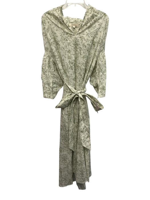 Parterre Size S Green & White Cotton Short Puff Sleeve Floral Print Midi Dress Green & White / S