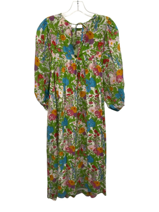 Mille Resort & Travel Size L Green, Blue, Multi Cotton Short Puff Sleeve Dress Green, Blue, Multi / L