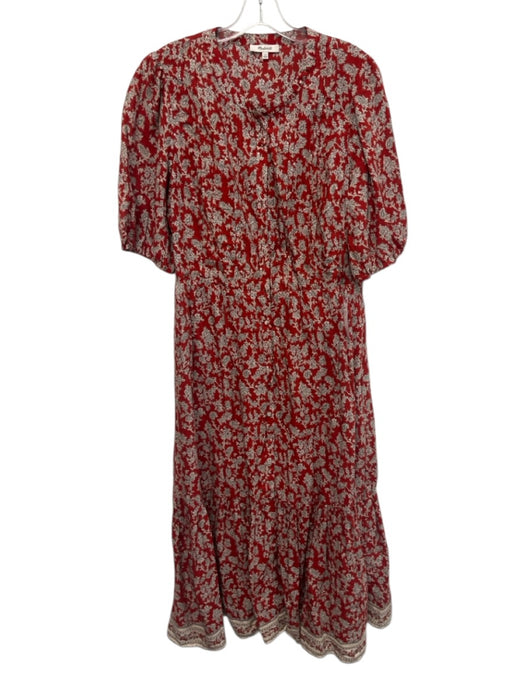 Madewell Size 14 Red, Beige, Gray Cotton & Viscose Short Puff Sleeve Midi Dress Red, Beige, Gray / 14
