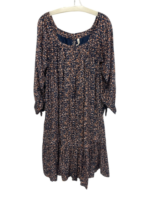 Mirth Size L Navy Blue, Orange, White Cotton & Silk Long puff sleeve Midi Dress Navy Blue, Orange, White / L