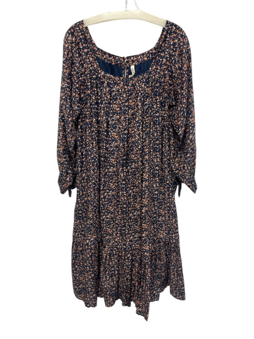 Mirth Size L Navy Blue, Orange, White Cotton & Silk Long puff sleeve Midi Dress Navy Blue, Orange, White / L