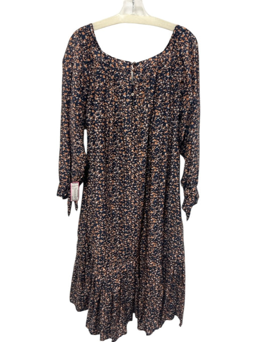 Mirth Size L Navy Blue, Orange, White Cotton & Silk Long puff sleeve Midi Dress Navy Blue, Orange, White / L