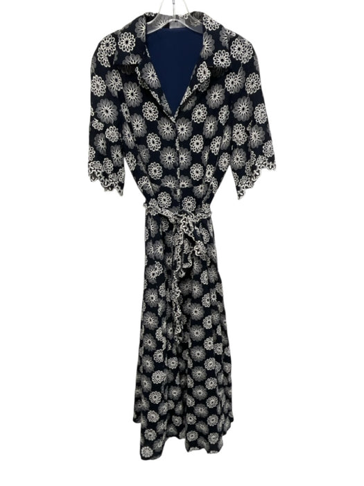 Abbey Glass Size L Navy Blue & White Cotton Short Sleeve Floral Eyelet Dress Navy Blue & White / L