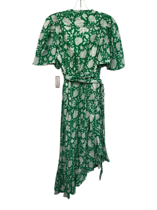 Mille Resort & Travel Size L Green & White Cotton Short Sleeve Wrap Midi Dress Green & White / L
