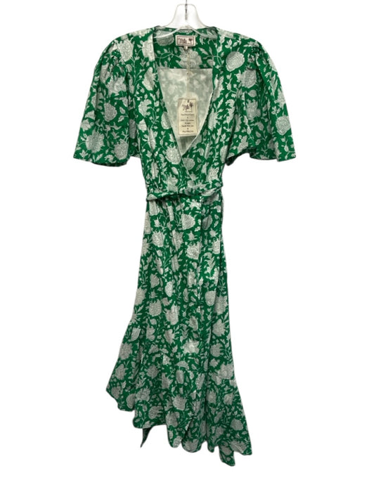 Mille Resort & Travel Size L Green & White Cotton Short Sleeve Wrap Midi Dress Green & White / L