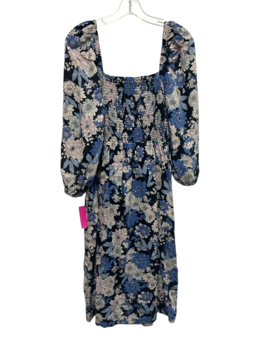 J Crew Size L Navy, Blue, White Linen Long puff sleeve Floral Print Midi Dress Navy, Blue, White / L