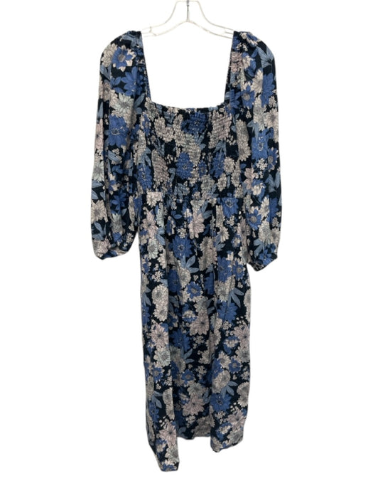 J Crew Size L Navy, Blue, White Linen Long puff sleeve Floral Print Midi Dress Navy, Blue, White / L