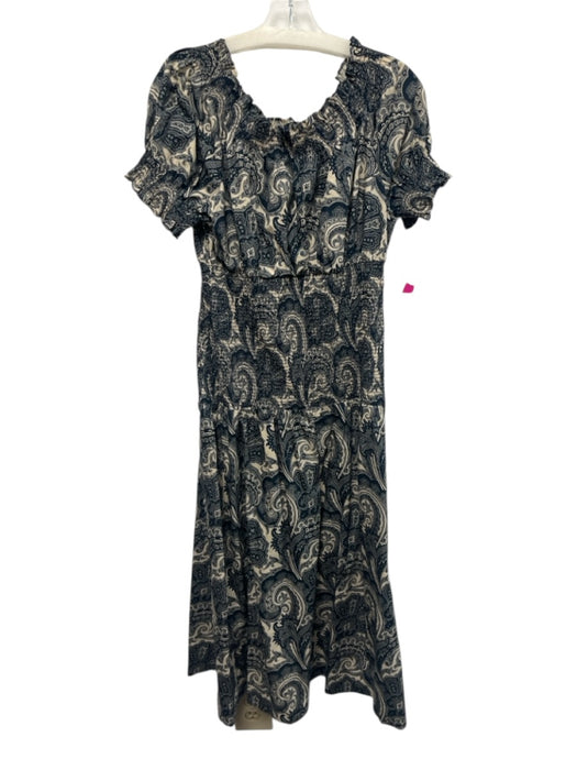 J Crew Collection Size L Navy blue & Cream Cotton Short Puff Sleeve Midi Dress Navy blue & Cream / L