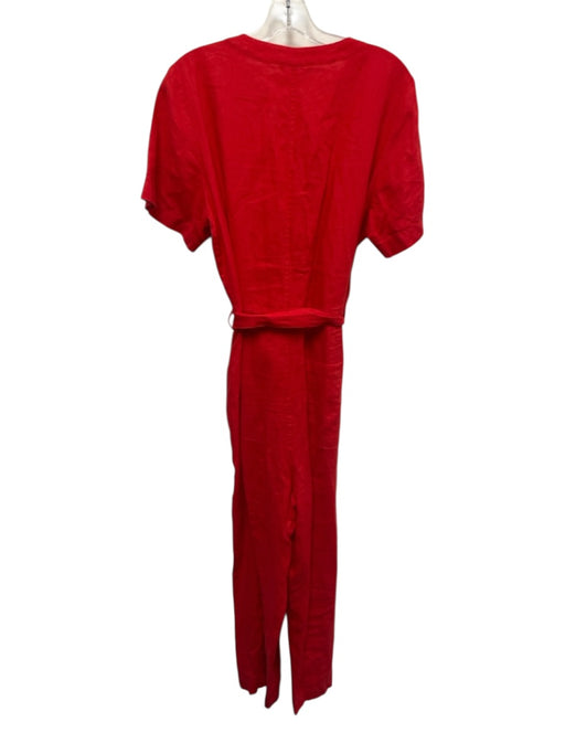 Everlane Size 12 Red Linen Short Sleeve Buttons Straight Leg Sash Jumpsuit Red / 12