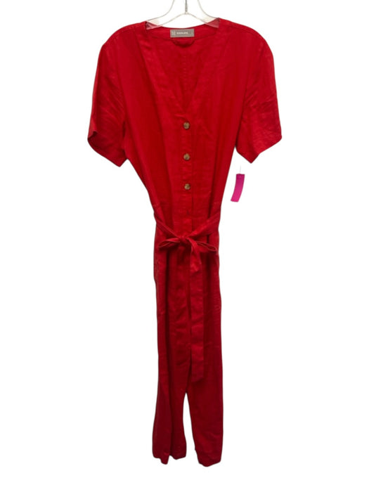 Everlane Size 12 Red Linen Short Sleeve Buttons Straight Leg Sash Jumpsuit Red / 12