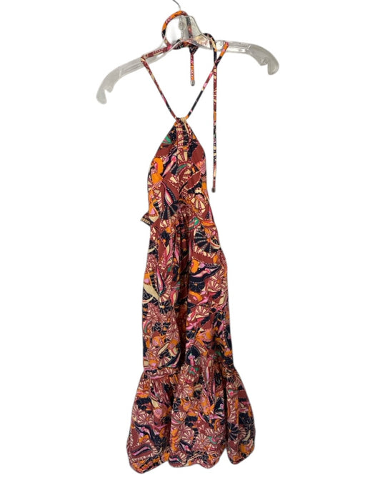 A.L.C. Size 2 orange & maroon Cotton Botanical Halter Ruffle Hem Midi Dress orange & maroon / 2