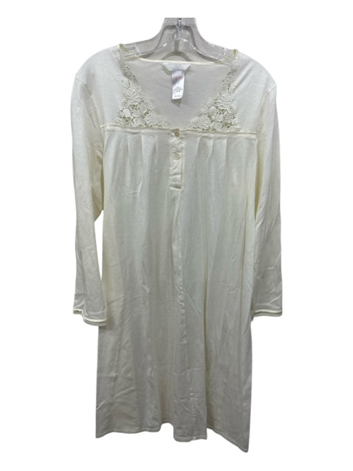 Hanro Size L White Cotton Long Sleeve Lace Detail 1/4 Button Dress White / L
