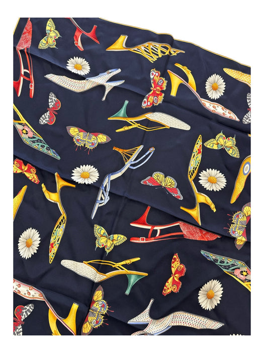 Salvatore Ferragamo Red, Yellow, White, Navy Silk Flowers Heel butterflies scarf Red, Yellow, White, Navy